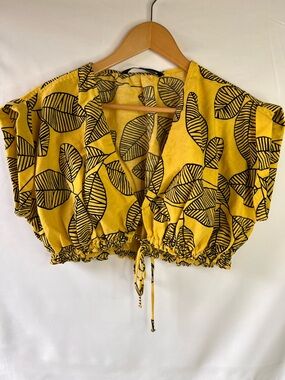 Zara Yellow Leaf-Print Cropped Tie-Waist Top